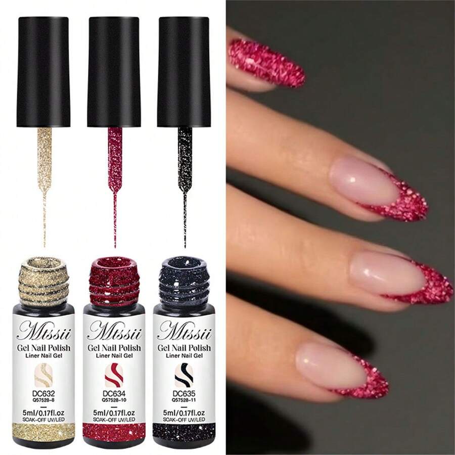 Mtssii 3PCS 5ML Champagne Gold Reflective Glitter Liner Gel Nail Polish Set Pink Silver Black Red Color Bright Sparkling French Semi Permanent Nail Painting UV Gel - 彩色 - 查看 1
