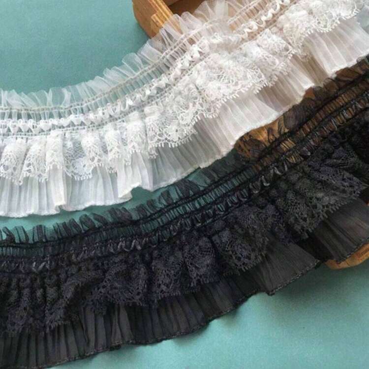 1 码弹性蕾丝褶皱荷叶边窗帘裙面料，黑白蕾丝边，9 厘米宽 - 黑色 - 查看 2