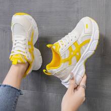 女式学生运动风格系带字母装饰网眼运动鞋，户外透气百搭厚底运动休闲跑步鞋，厚底厚底运动鞋 - 黃色 - 查看 5