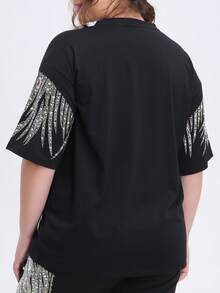 Two Piece Outfits For Women Black Short Sleeve T Shirts Oversized Rhinestones Graphic Drawstring Joggers Pants Casual Summer Sets Going Out - 黑色 - 查看 4