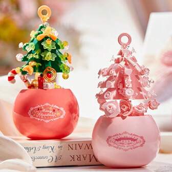 Christmas Home Decor Potted Evergreen Flower Bouquet Building Block Ornament, Unique Bright Blessing Wishing Tree Gift, Suitable For Valentine's Day, Christmas, Birthday