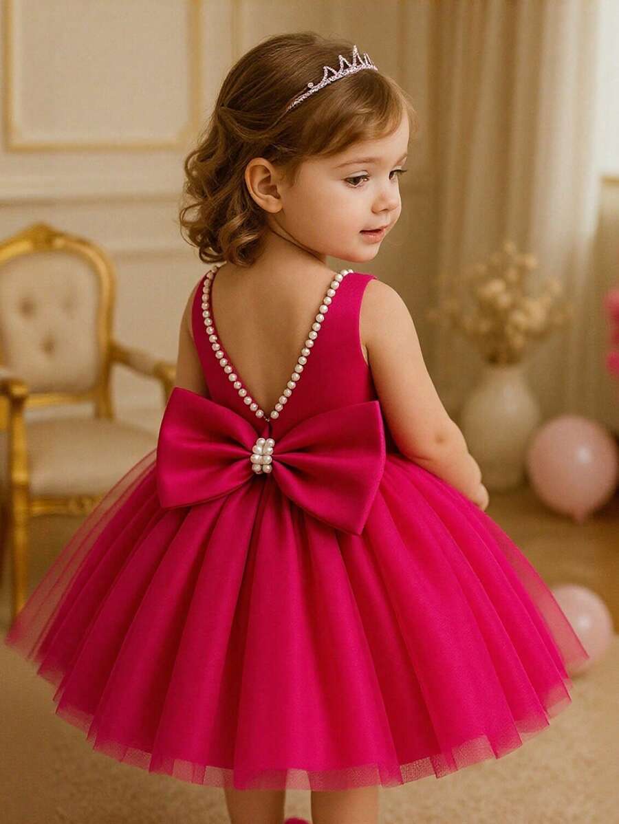 H HIBOBI 嬰兒女孩無袖婚禮/生日/鋼琴/演出/節慶/舞會公主裙，全季節適用 - 玫紅色 - 查看 1