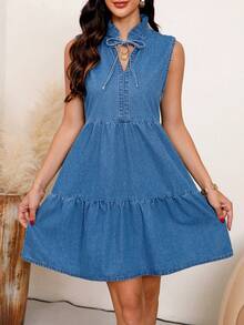 Women's Ruched Sleeveless Denim Dress - Light Wash - View 7