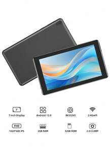 Tablet Android 15 Tablet, 2GB RAM 32GB ROM/2.4G WiFi/RK3326S 4-Core 1.5Ghz/BT 5.2/FHD IPS Display/2MP+2MP Dual Camera/3000mAh/Support 512GB SD Expansion/For Online Lesson,Reading,Games,Support Widevine L1(No Adapter)