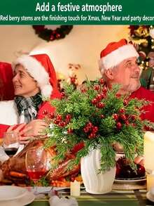 30pcs Christmas Artificial Pine Branches With Red Berries, Faux Norfolk Pine Needles, For DIY Crafts, Wreaths, Home Decor, And Christmas Tree Ornaments, Tabletop Plastic Greenery For Seasonal Fall, Winter, And Holiday Arrangements