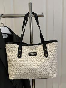 1 件黑色尼龙面料顺滑拉链铆钉镂空图案设计时尚百搭休闲夏季新款小众大容量单肩托特包，适合女性日常使用 - 黑色 - 查看 3