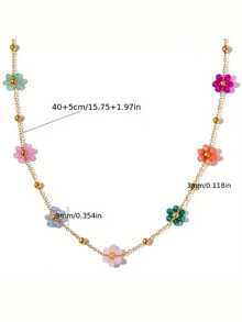 1pc Stainless Steel Colorful Daisy Flower Beaded Necklace - Elegant Vintage Style Delicate Chain With Multi-Color Floral Accents, Mother's Day Gift For Women, Everyday & Holiday Jewelry, Versatile Gold-Plated Flower Necklace (Bead Color Random) - Multicolor - View 3