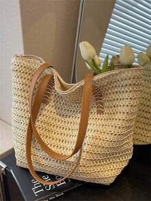 Baila Morena Straw Beach Tote Bag Women Large Faux Leather Striped Shoulder Tote Bag Hand Strap With Zipper - 杏色 - 查看 1