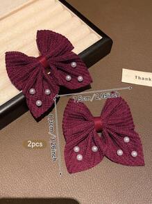 2pcs Fashionable & Sweet Bowknot Hair Clips, Suitable For Daily Use - Burgundy - View 5