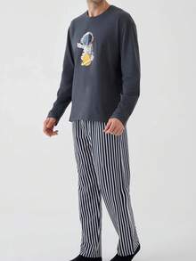 Piżama męska na wiosnę i jesień, okrągły dekolt, bluza z nadrukiem astronauty i niedźwiedzia, długi rękaw, spodnie w paski, dwuczęściowy zestaw, swobodny, wygodny, można nosić poza domem, ubrania na zimę - Wielokolorowe - Zobacz 5