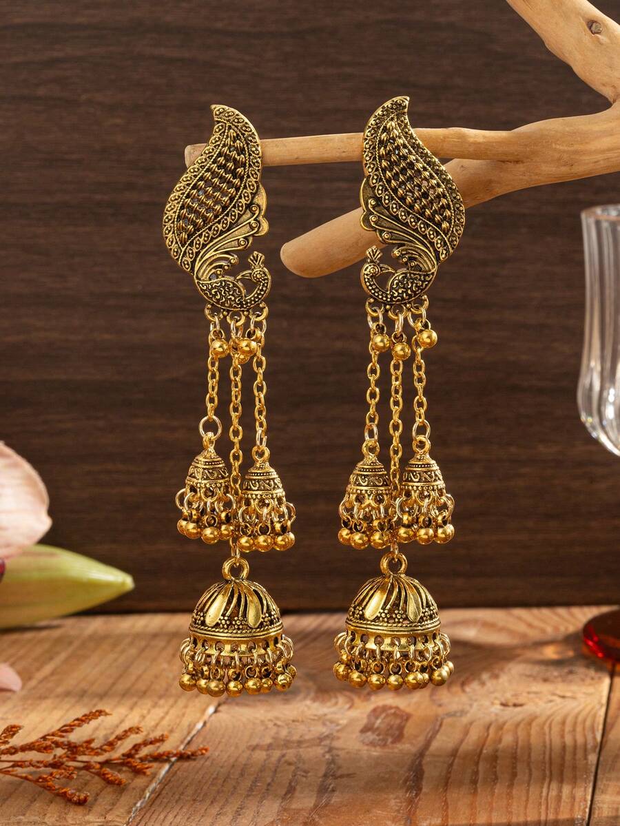 一对长链多铃铛耳环 - 金色 - 查看 1