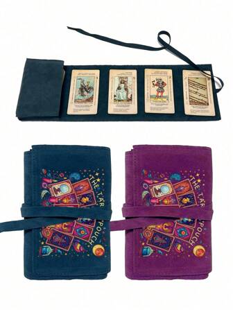 天鹅绒塔罗牌收纳袋，印有充满活力的宇宙塔罗牌图案，双色蓝紫，抽绳封口，柔软面料保护套，便携卡包，适合存放塔罗牌和小物件。