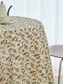 1pc Christmas Round Printed Tablecloth, Gold Foil Green Pine Branch Pattern, Fringed Kitchen Dining Table Decor Cloth For Christmas Holiday Family Gathering Party, Home Decoration - Multicolor - View 9