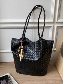 2pcs Vintage Commuter Style Knitted PU Leather Bucket Bag Set, Large Capacity Shoulder Bag For Women, Autumn/Winter - Black - View 2