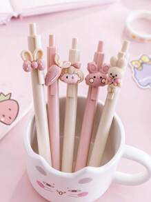 1/3/6支卡通中性笔 可爱贴纸按钮笔 学生考试/办公签字笔 0.5mm黑色墨水 可爱女孩按钮中性笔 学生学习文具 考试签字笔