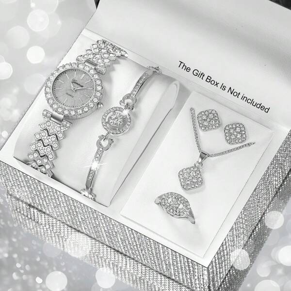 6pcs Women's Watch Fashion Casual Rhinestone Roman Dial Quartz Watch With Jewelry Accessories Set: Fashion Crystal-Studded Necklace, Bracelet, Earrings, And Ring Set Wedding Celebrations, Corporate Gifts, Annual Meetings, Employee Gifts, High-End Business Women, Daily Outfits, Birthday Gifts, Holiday Party Gifts, Parties, Beach Vacations, Valentine's Day Gifts, Women, Family, Friends, Lovers, Mothers, Students, Teenagers, Girls-The Perfect Gift