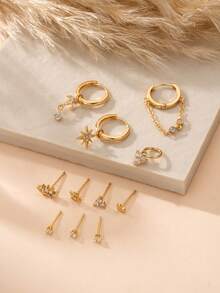 11 piezas Conjunto de aretes de cartílago multicapa con circonita cúbica brillante con colgante de estrella y corazón, joyería atractiva para fiestas para mujeres - Amarillo Oro - Ver 2