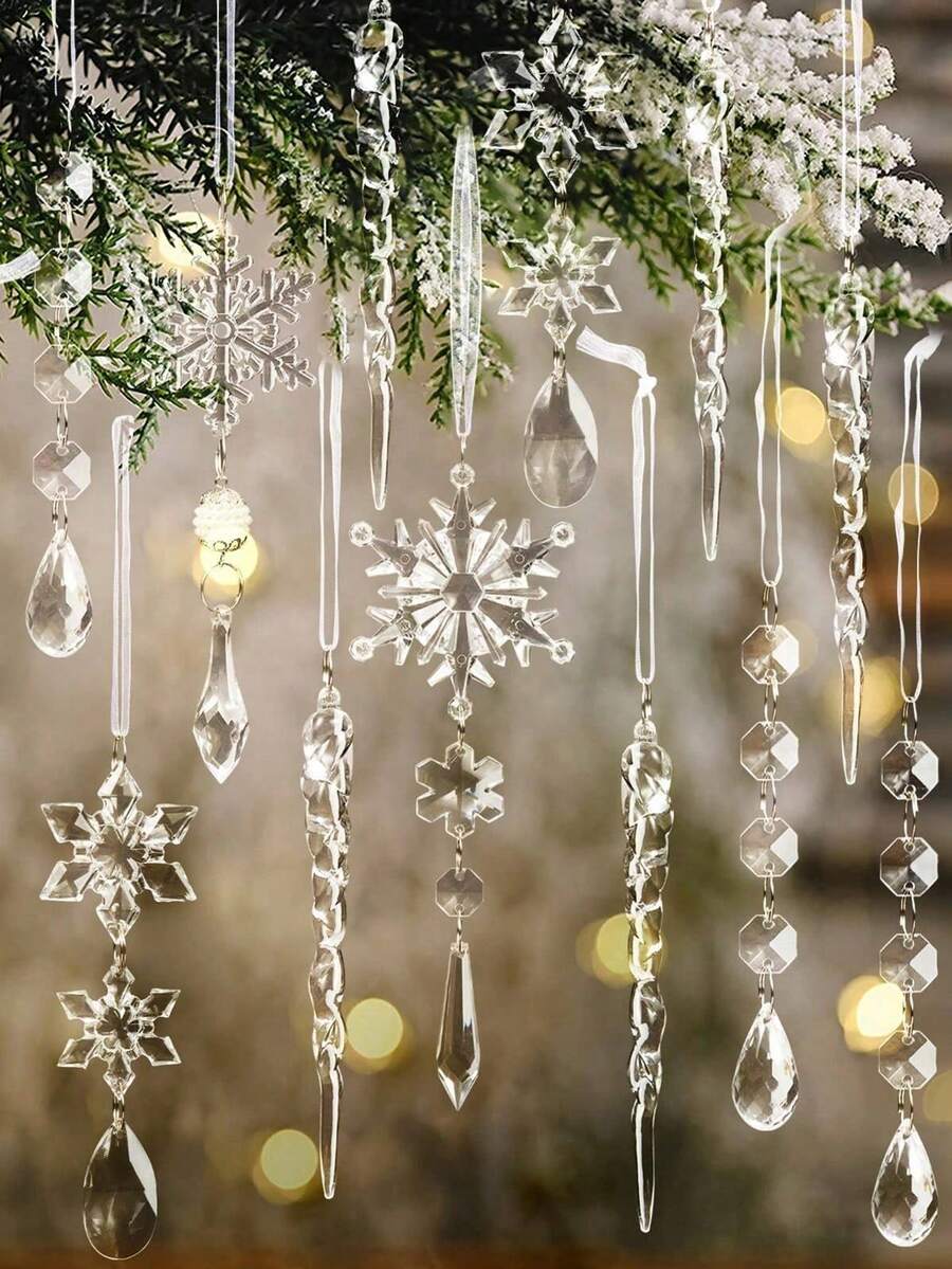 聖誕樹裝飾水晶飾品-懸掛式壓克力聖誕雪花冰柱水滴水晶飾品,適用於聖誕樹、冬季新年派對用品、聖誕節 - 彩色 - 查看 1