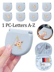 1个蓝色缝纫工具盒，金色三花字母图案，金色A-Z字母图案，缝纫初学者完美礼物：1套便携式迷你缝纫工具包 - 可折叠，DIY缝纫用品和配件，适合旅行者和应急衣物收纳，迷你针盒，便携式小型针包，缝纫工具组合套装，适合酒店、宿舍、学校必备