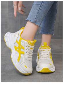 女式学生运动风格系带字母装饰网眼运动鞋，户外透气百搭厚底运动休闲跑步鞋，厚底厚底运动鞋 - 黃色 - 查看 2
