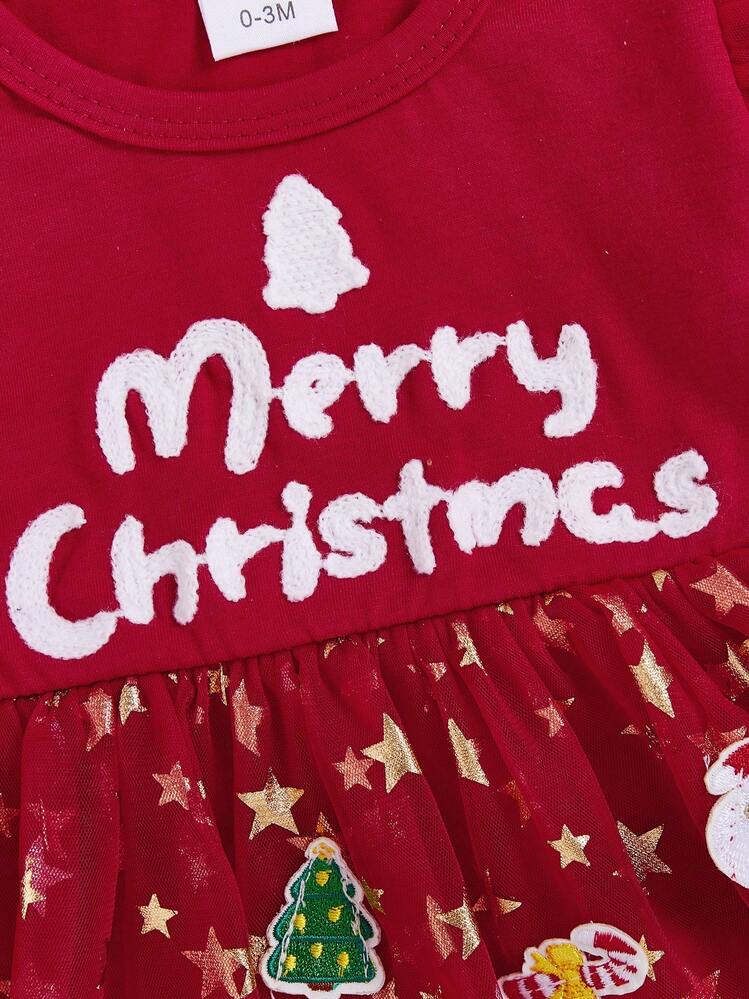 Vestido navideño para niñas pequeñas, manga larga, letras navideñas, estrellas y diadema. - Rojo - Añade 6