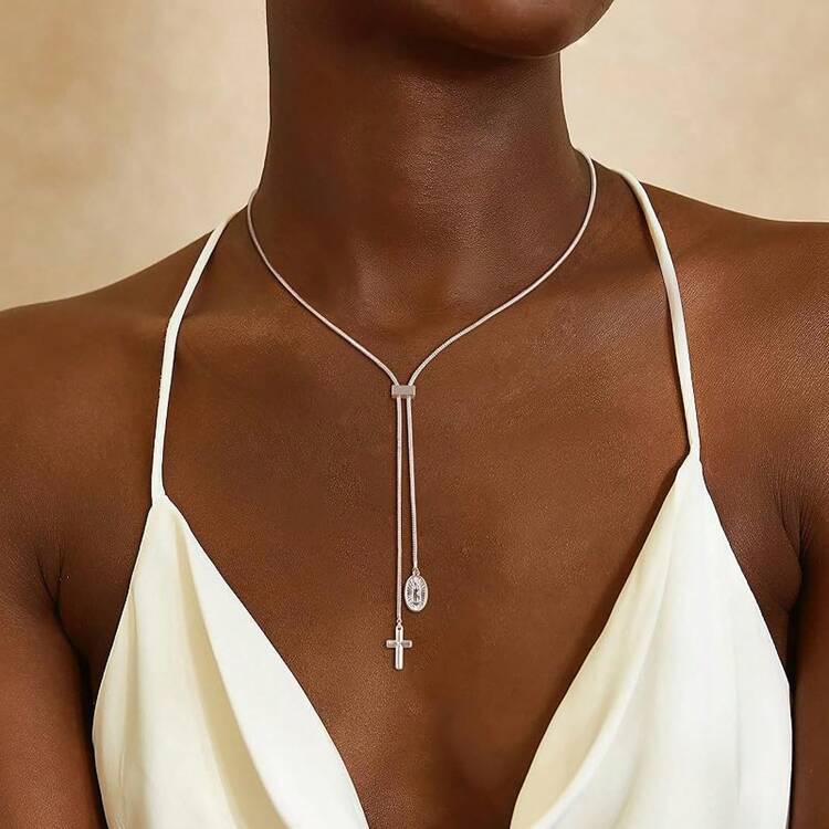 CHESKY - Collares largos para mujer, chapado en oro de 14 quilates/collar de lariat de plata estrellada, delicado collar de graduación, collar colgante de cruz de rosario, colgante de gota de sol - y collar 11 - Añade 2