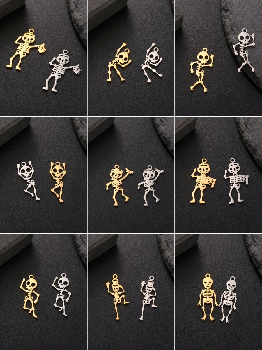 1 pieza Esqueleto bailarín minimalista de acero inoxidable, colgante de araña y murciélago, accesorio creativo con diseño de Halloween adecuado para collar, pulsera, llavero, aretes, accesorios hechos a mano DIY