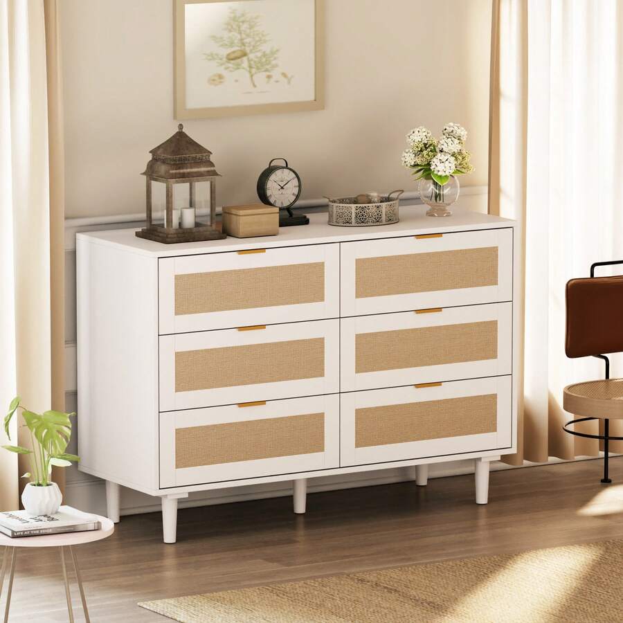 TYBOATLE Modern 6 Drawer Rattan Double Dresser With Gold Handles, Wood Storage Chest Of Drawers Fo Bedroom,Living Room,Hallway - White - View 1