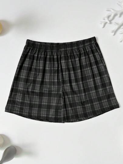 4pcs/Pack Men's Plaid Print Pattern Shorts Casual Boxer Briefs Loose Elastic Pajama Pants Comfortable Elastic Waistband Multi-Color Combination Set No Fly