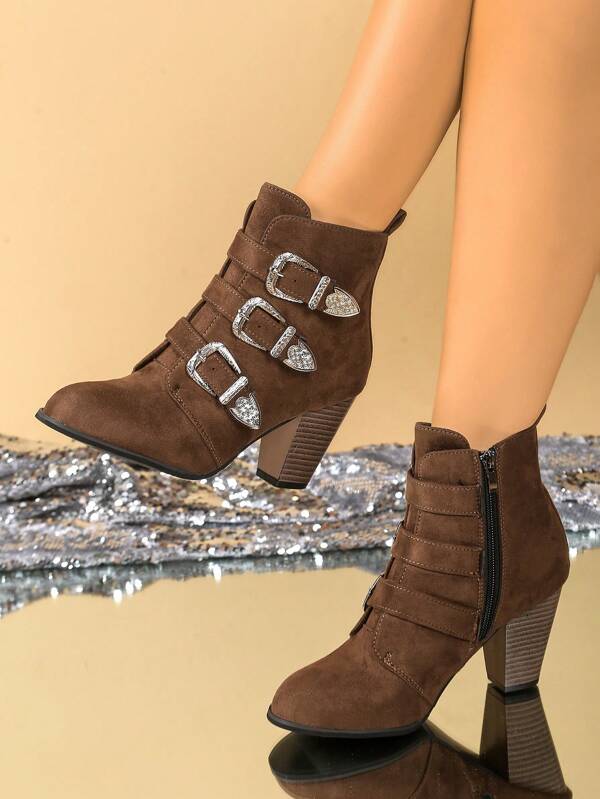 2025 New Autumn/Winter Punk Style Buckle Closure Women's Ankle Boots, Thick Heel, Leather Strap Buckle, Pointed Toe, Side Zipper High Heel Short Boots