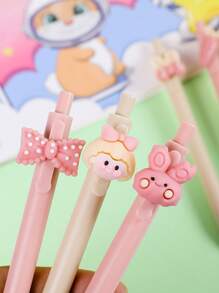 1/3/6支卡通中性笔 可爱贴纸按钮笔 学生考试/办公签字笔 0.5mm黑色墨水 可爱女孩按钮中性笔 学生学习文具 考试签字笔