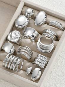 Sets de 14 piezas/2 Anillos de declaración gruesos y asimétricos con geometría líquida, elegantes y vintage, para fiestas, vacaciones, citas y uso diario