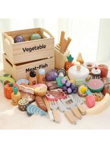 蒙特梭利木制模拟厨房玩具套装 - 6件套切菜玩具，含面包、水果、蔬菜、刀具和蒸锅，适合3-14岁儿童