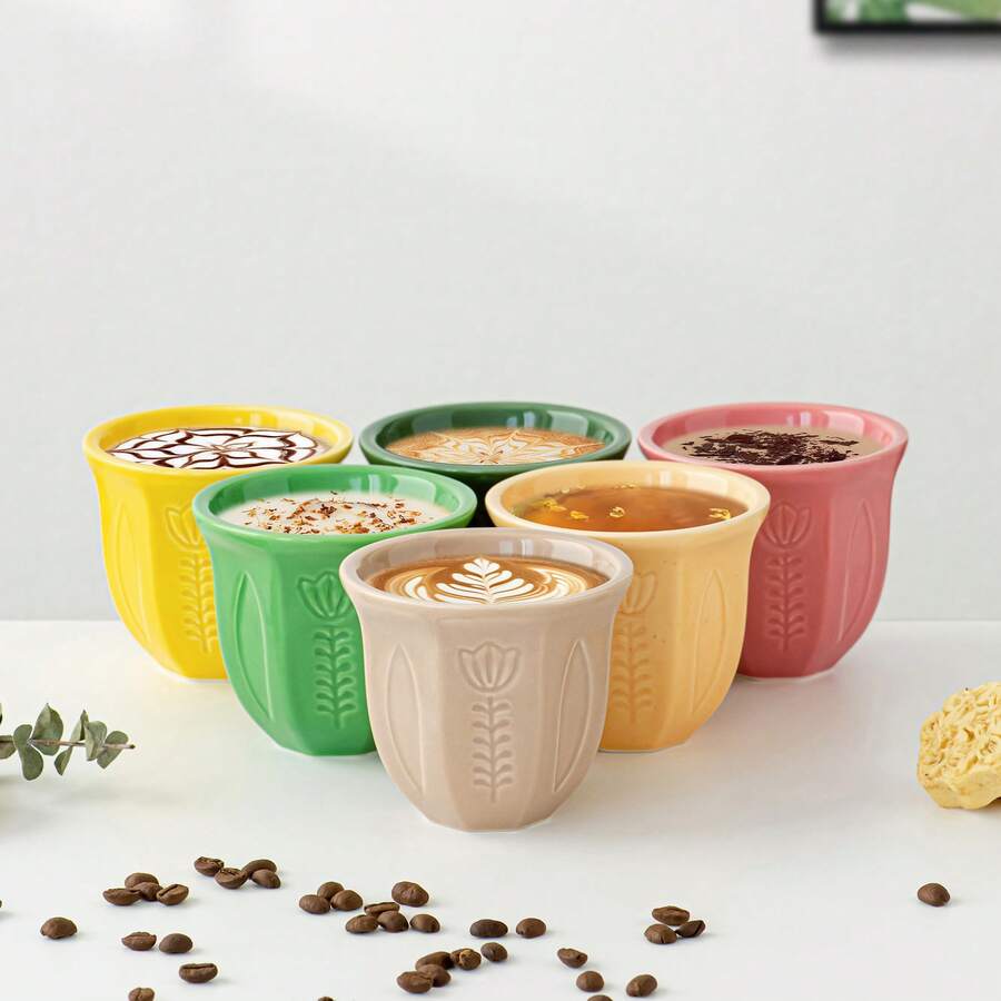 Cốc cà phê/matcha gốm sứ Ả Rập nhiều màu sắc 180ml/250ml - Cốc dập nổi hình hoa tulip, đồ dùng uống kiểu Bắc Âu, lý tưởng để phục vụ espresso, matcha và trà.