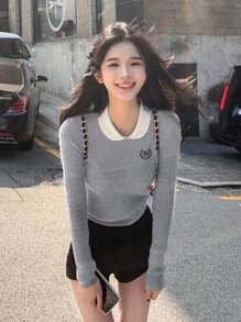 Women Sexy Peter Pan Collar Contrast Color Knit Sweater, New Fall/Winter Basic Pullover Sweaters With Embroidery
