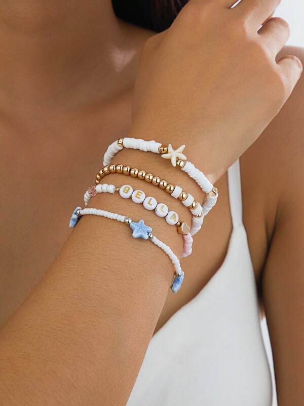 Set de 4 piezas de pulsera con estilo bohemio, con estrella de mar acrílica azul y cuentas blancas, adecuado para uso diario y vacaciones en la playa
