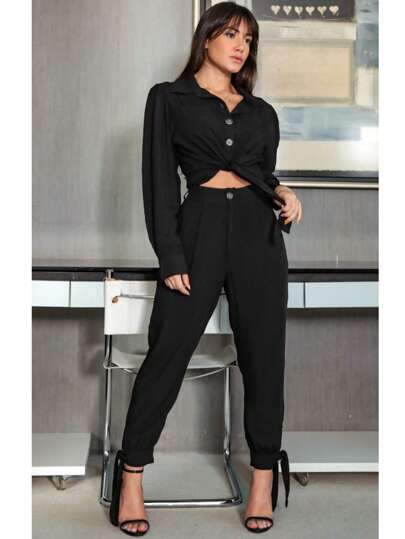 CONJUTO CAMISA AMARRAR E CALÇA BOHO FEMININO ELEGANTE SOCIAL