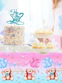 1件装性别揭晓派对装饰桌布，可爱粉蓝小熊图案，一次性防水桌旗，非常适合性别揭晓派对、迎婴派对、家庭活动装饰、婴儿派对礼物，男孩或女孩皆可，户外性别揭晓派对桌布，易于清洁 - 粉紅藍小熊 - 查看 9