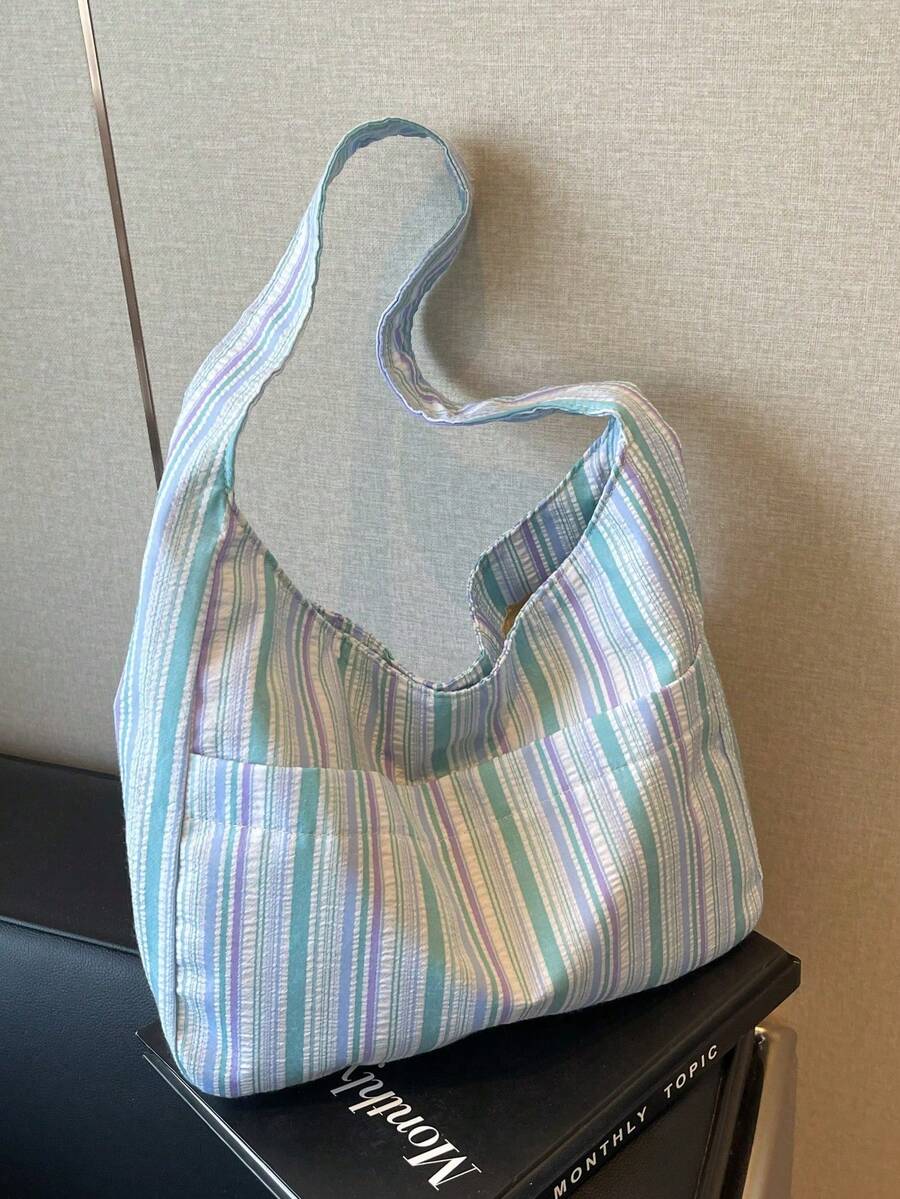 Large Capacity Women's Cloth Bag, Shoulder Bag, Casual Versatile Striped Tote Bag - Blue - View 1