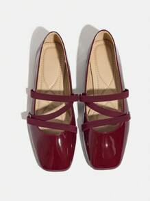 女士平底鞋，易于穿着，优雅低跟，百搭时尚闪亮红色方头玛丽珍芭蕾平底鞋，配有松紧带，适合圣诞节 - 酒紅色 - 查看 8