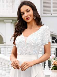 MIUSOL Đầm maxi dạ hội bằng chiffon, cổ chữ V sâu, đính sequin và ren, viền bèo nhún, thích hợp cho khách dự đám cưới, lễ tốt nghiệp, tiệc gala và các dịp khác, màu trắng mùa xuân. - trắng - Xem 10