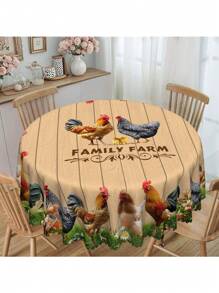 1pc Farmhouse Rooster & Floral Polyester Tablecloth - Round/Rectangle, Embossed Floral Trim, Vibrant Spring/Summer Design, Suitable For Picnics, Dinner Parties, Kitchen & Dining Room Decor, Country Farmhouse Decor, Multiple Sizes Available
