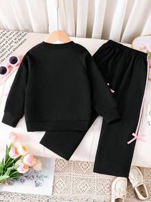 Set di felpa girocollo e pantaloni della tuta con stampa di cartoni animati per ragazze pre-adolescenti - nero - Visualizzare 2