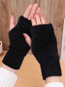 1 Pair Women's Solid Color Fuzzy Warm Fingerless Gloves, Outdoor/Indoor Use, Elastic Knitted Half Finger Gloves For Writing, Office, Autumn/Winter - Solid Color Mittens - View 10