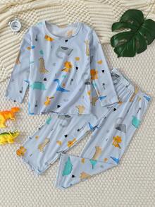 2pcs/Set Kids Boys Dinosaur Print Long Sleeve Pajama Set, Thin Base Layer Sleepwear For Children Aged 4-12 Years Old, Autumn/Winter - Multicolor - View 1