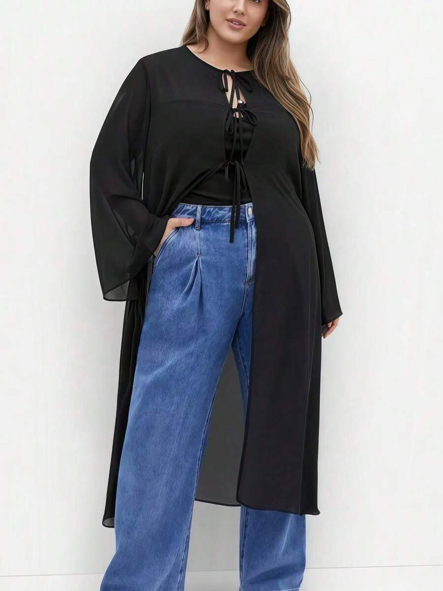 Einfarbige, leichte, gewobene Jacke mit Bindegürtel, lässige Oberbekleidung