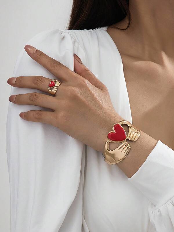 Set de 2 piezas de brazalete y anillo ajustable de aleación de hierro con corazón rojo esmaltado, adecuado para uso diario y como regalo
