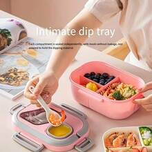 NEUZOJIT 1 Adult Bento Box, Salad Container, Large 40.5 Oz. Salad Bowl, Bento-Style Tray For Toppings, 3 Oz. Sauce Container For Dressing, With Reusable Fork And Knife,Back To School - Hồng - Xem 5