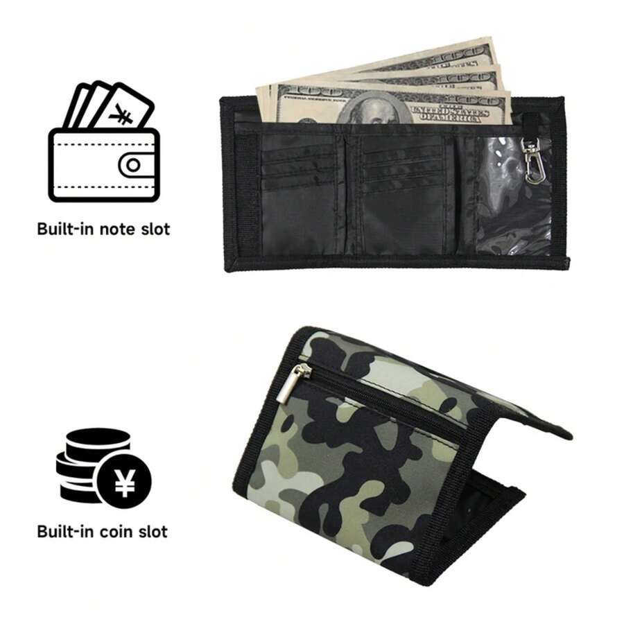 Carteras de camuflaje para hombres, mujeres y tarjetero, mini cartera, monedero, billetera plegable, regalo - Negro - Ver 1