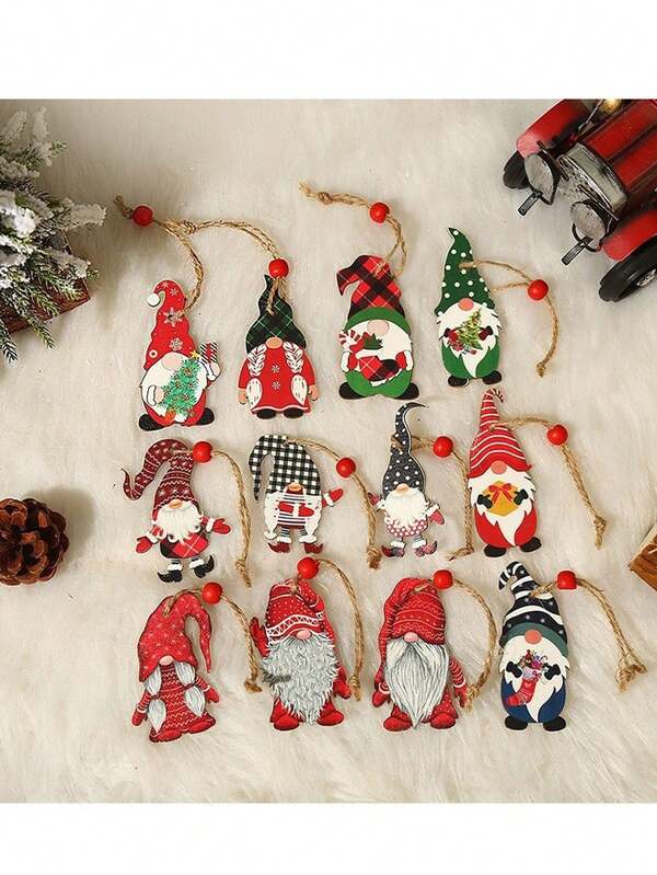 12pcs Wooden Holiday Decorations, Cute Forest People, Christmas Decor, Patterned Christmas Tree Ornaments, Wooden Christmas Gift Ornaments, Holiday Christmas Decorations, Home Decor For Christmas, Christmas Ornaments, Birthday, Holiday, Party, Family Celebration, New Year, Festival Gifts